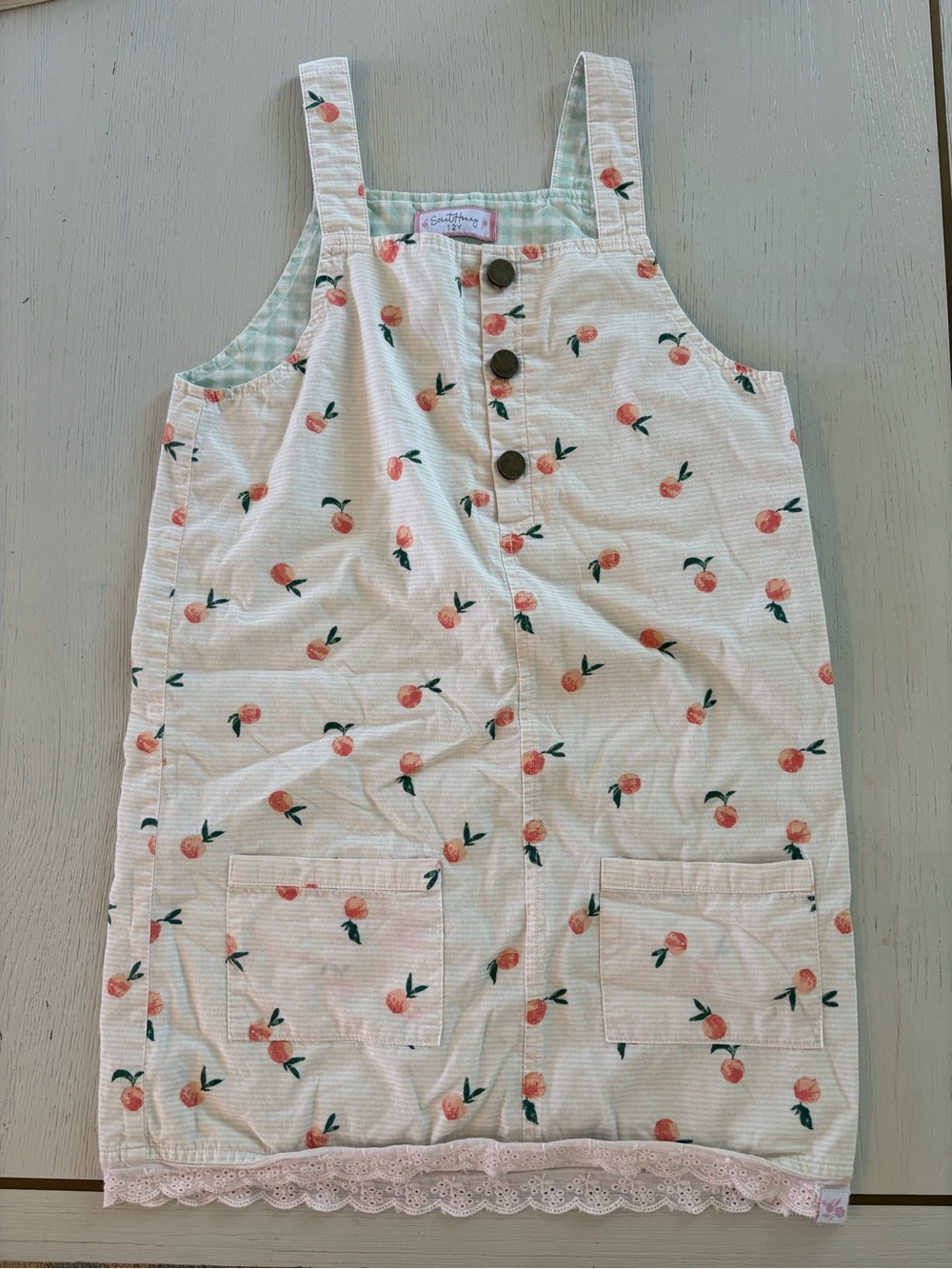 SweetHoney Cream Peach-Print Girls' Overalls Dress with Pink Trim